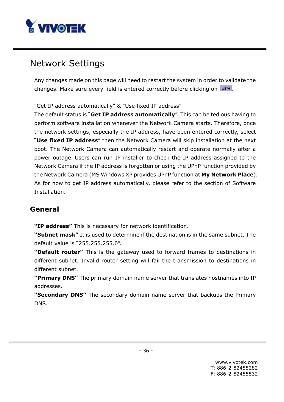 Network settings, General | Vivotek FD6111V User Manual | Page 40 / 93