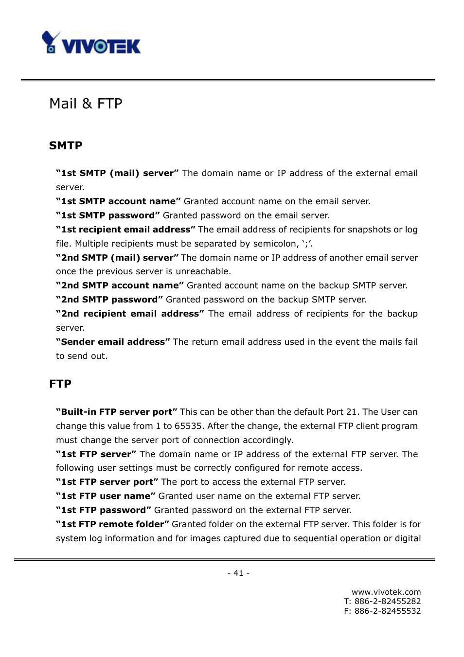 Mail & ftp, Smtp | Vivotek FD6111V User Manual | Page 45 / 93