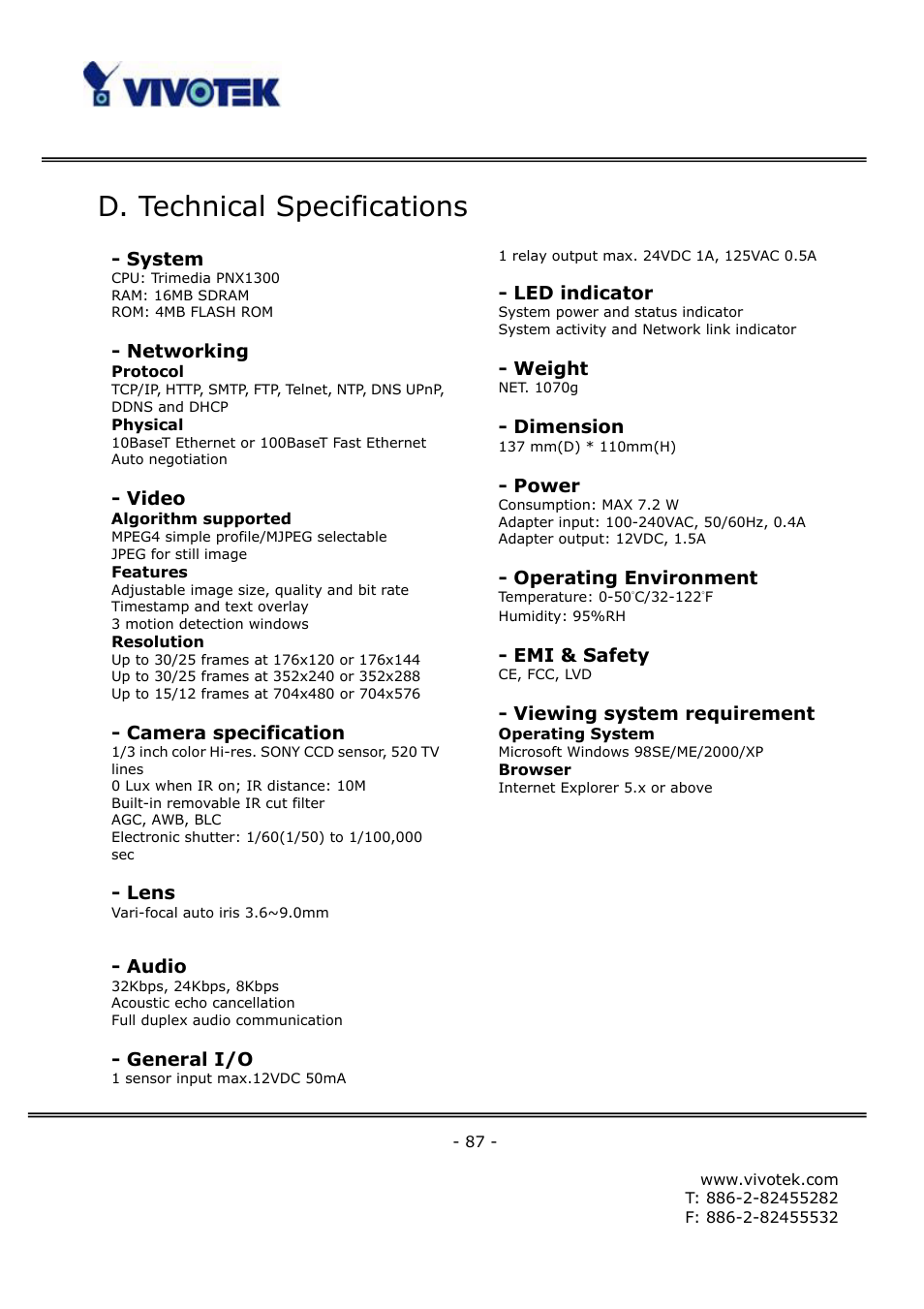 D. technical specifications | Vivotek FD6111V User Manual | Page 91 / 93