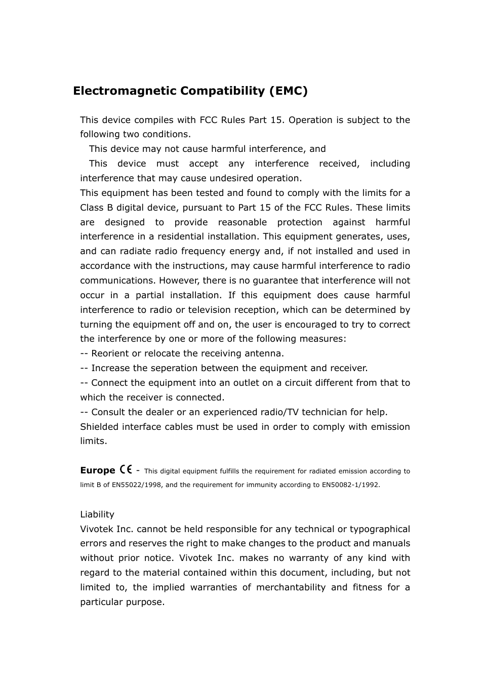 Electromagnetic compatibility (emc) | Vivotek FD6111V User Manual | Page 93 / 93