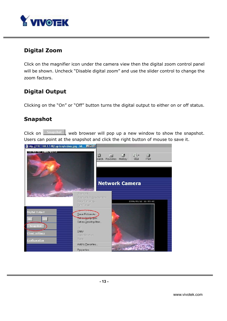 Digital zoom, Digital output, Snapshot | Vivotek IP3112/IP3122 User Manual | Page 14 / 65