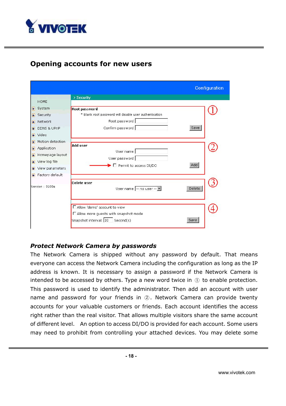 Opening accounts for new users | Vivotek IP3112/IP3122 User Manual | Page 19 / 65