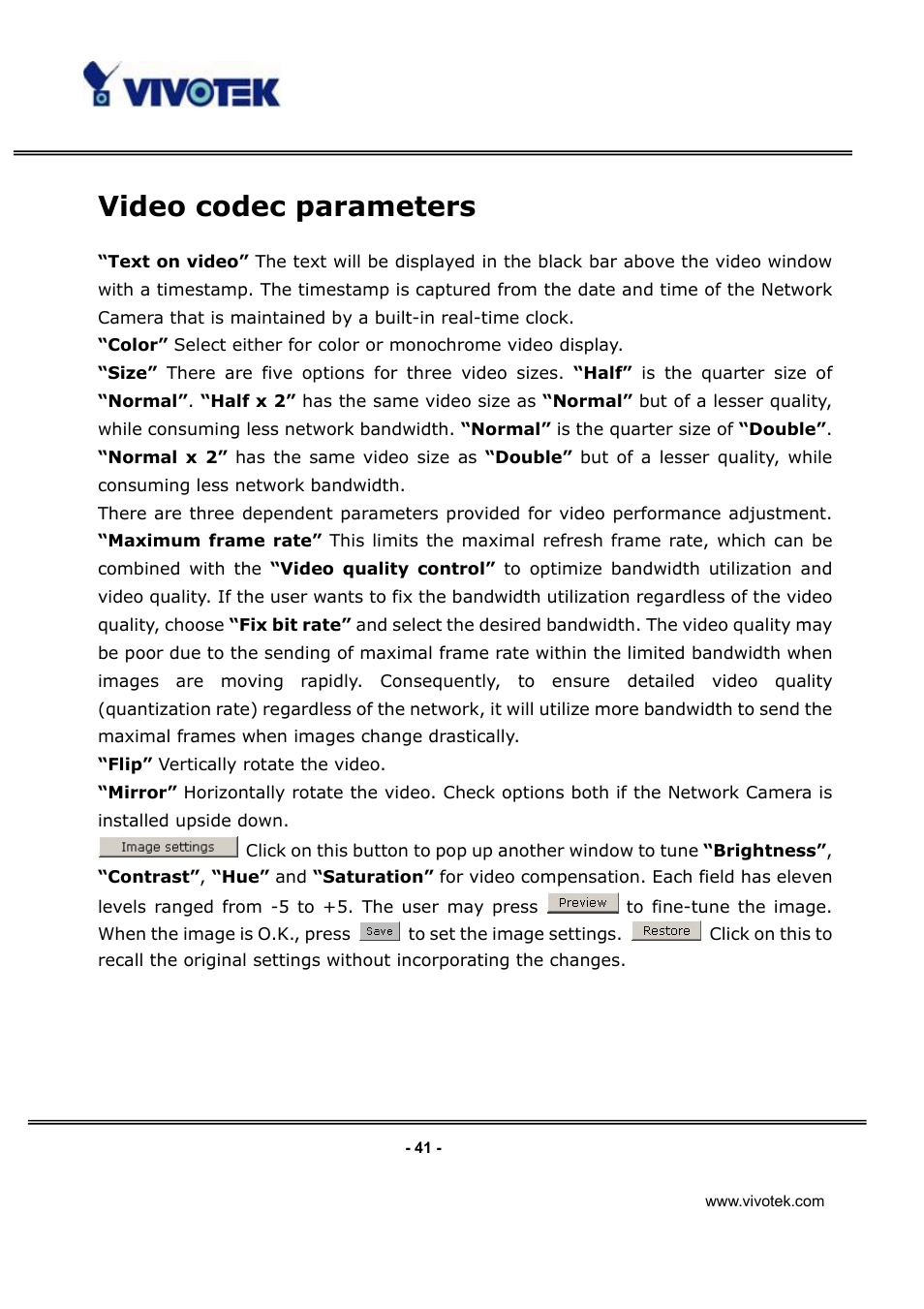 Video codec parameters | Vivotek IP3112/IP3122 User Manual | Page 42 / 65