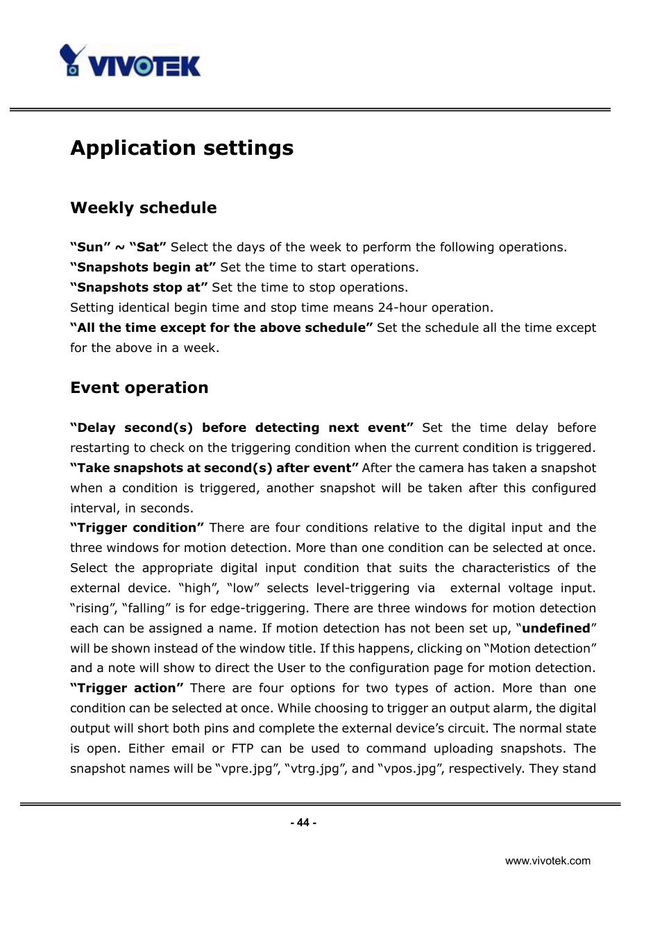 Application settings, Weekly schedule, Event operation | Vivotek IP3112/IP3122 User Manual | Page 45 / 65
