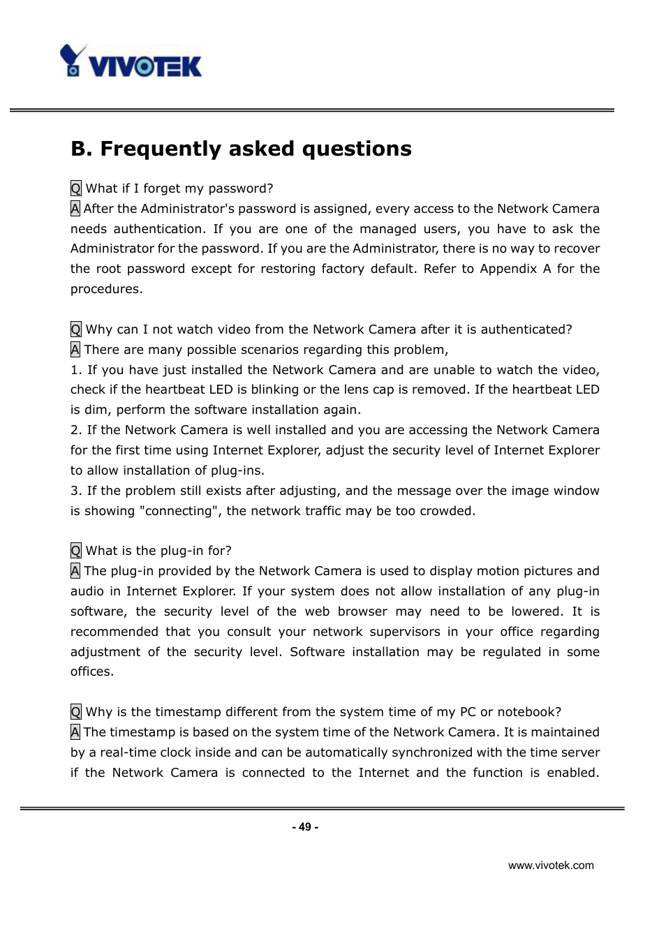 B. frequently asked questions | Vivotek IP3112/IP3122 User Manual | Page 50 / 65