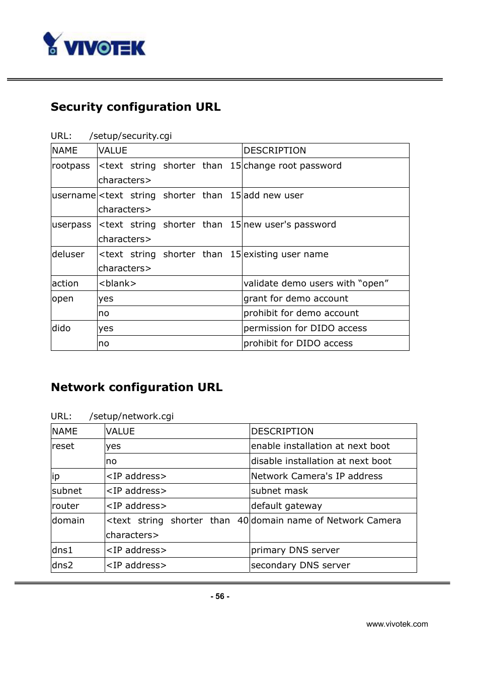 Security configuration url, Network configuration url | Vivotek IP3112/IP3122 User Manual | Page 57 / 65