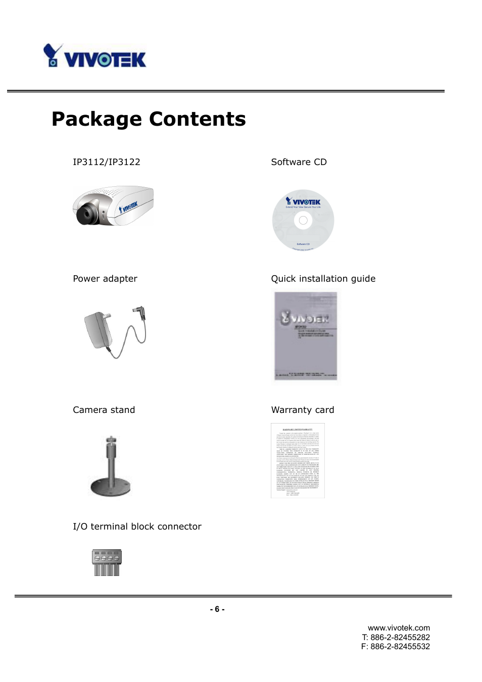 Package contents | Vivotek IP3112/IP3122 User Manual | Page 7 / 65