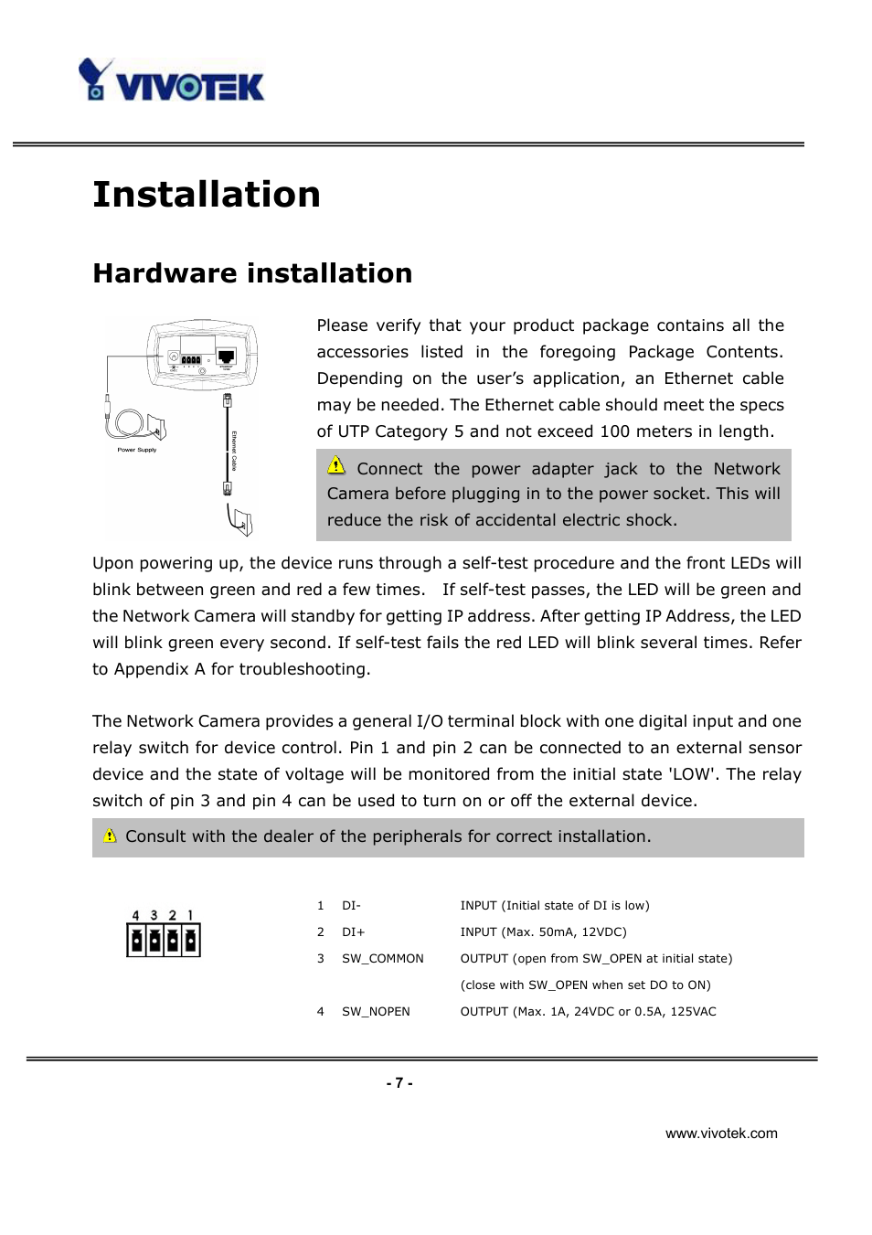 Installation, Hardware installation | Vivotek IP3112/IP3122 User Manual | Page 8 / 65