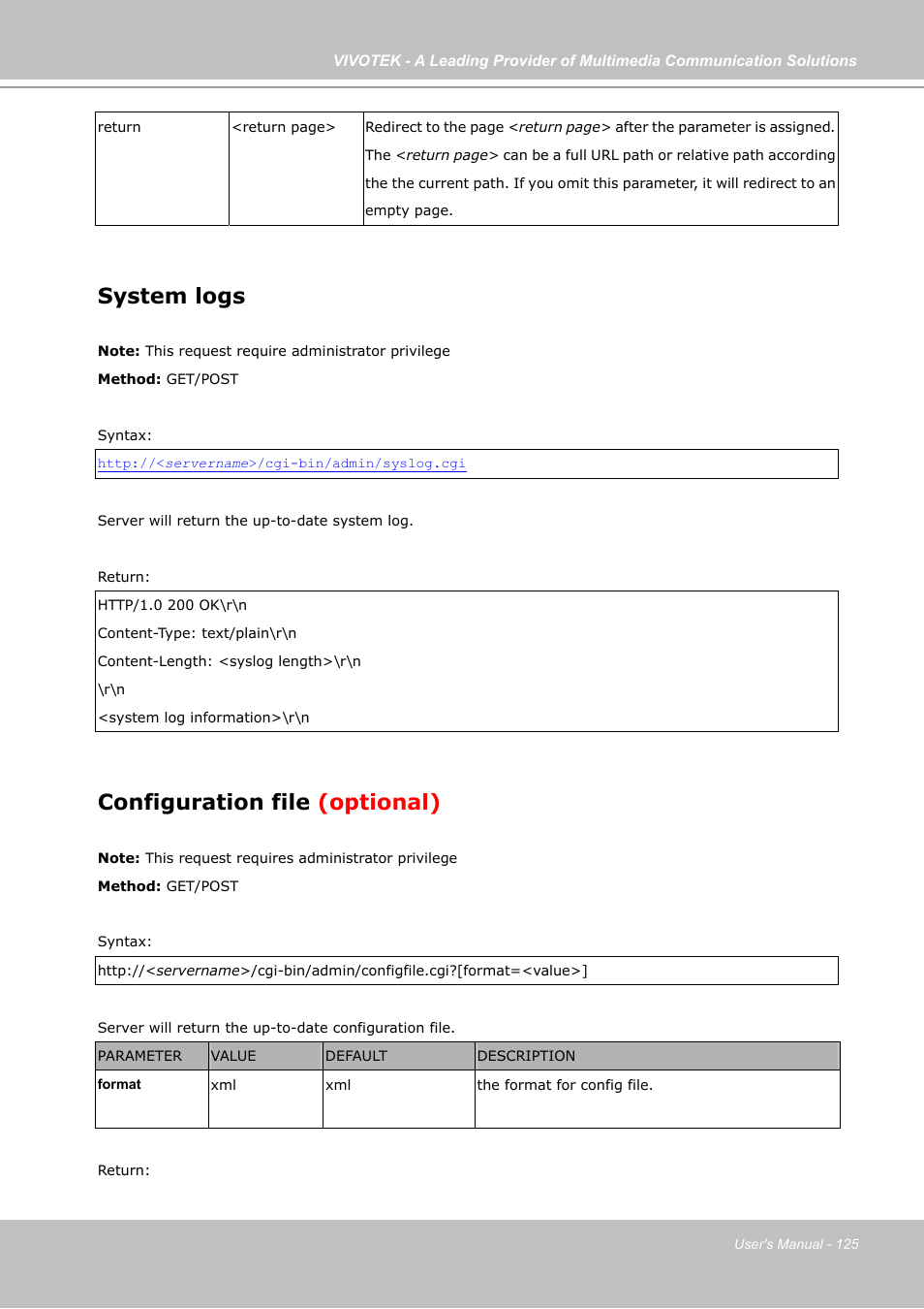 System logs, Configuration file (optional) | Vivotek FD7141(V) User Manual | Page 125 / 132