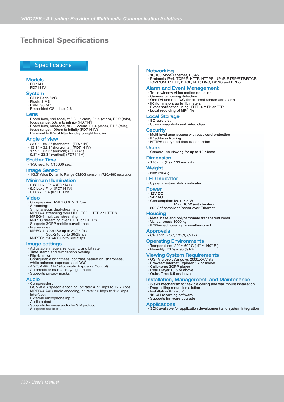 Technical specifications, Specifications system overview | Vivotek FD7141(V) User Manual | Page 130 / 132
