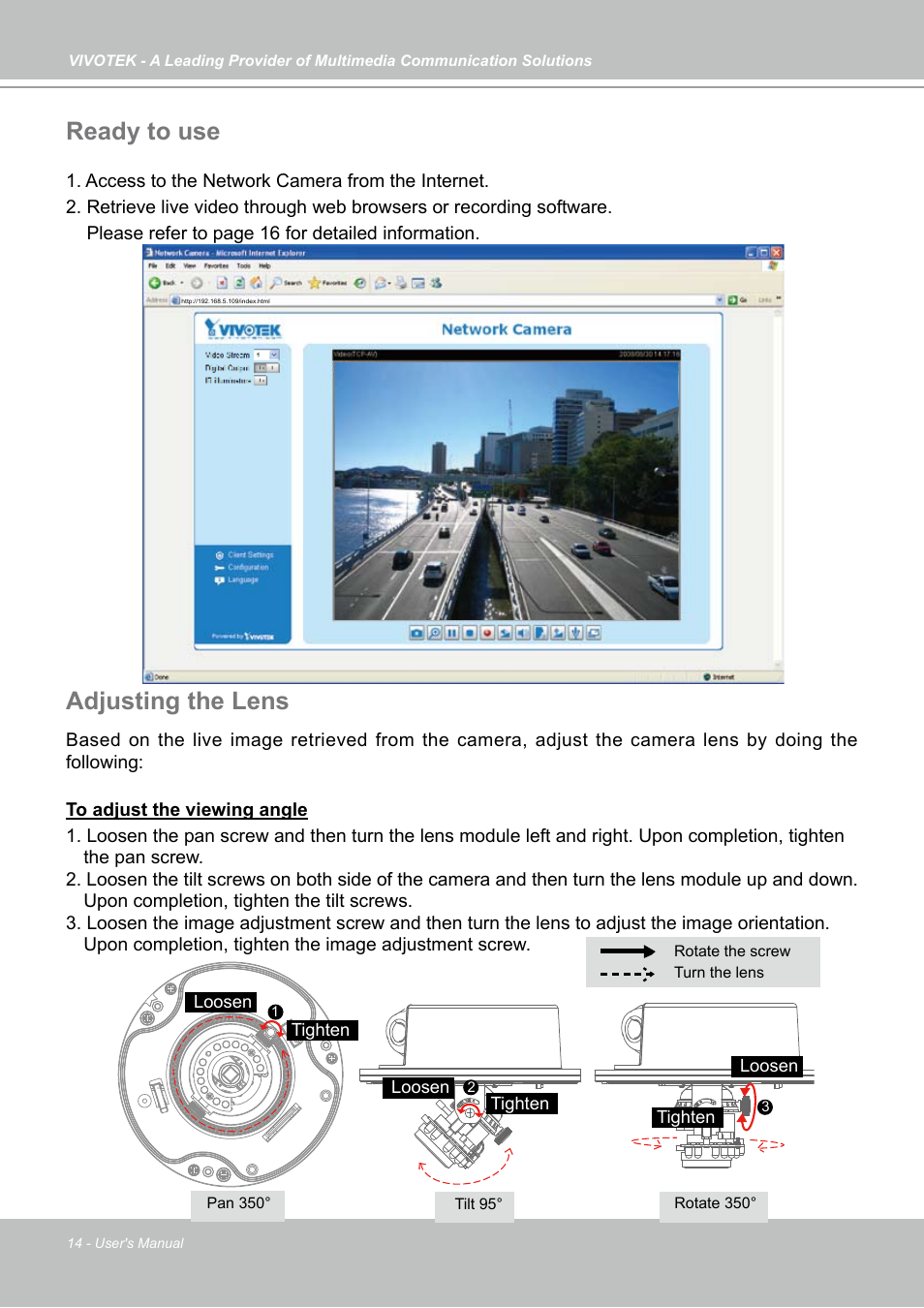 Ready to use, Adjusting the lens | Vivotek FD7141(V) User Manual | Page 14 / 132