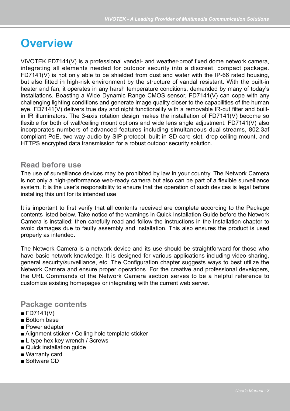 Overview, Read before use, Package contents | Vivotek FD7141(V) User Manual | Page 3 / 132