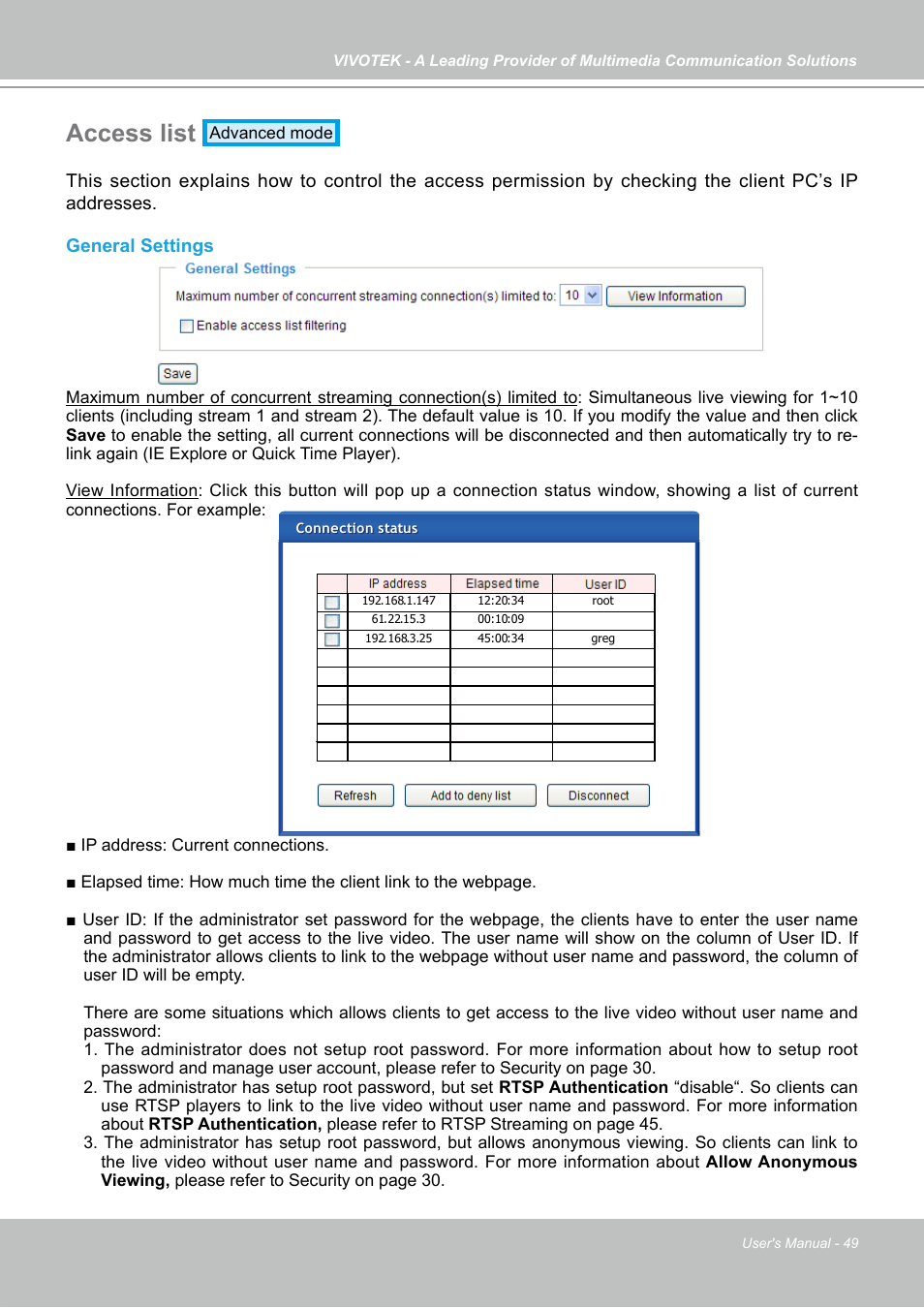 Access list | Vivotek FD7141(V) User Manual | Page 49 / 132