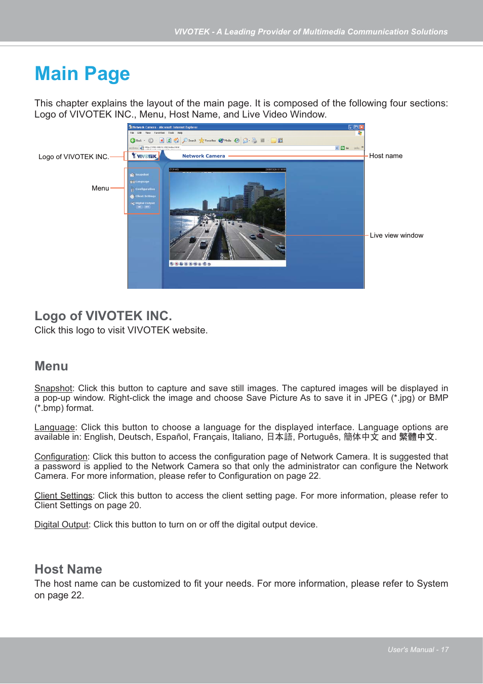 Main page, Logo of vivotek inc, Menu | Host name | Vivotek IP7142 User Manual | Page 17 / 95