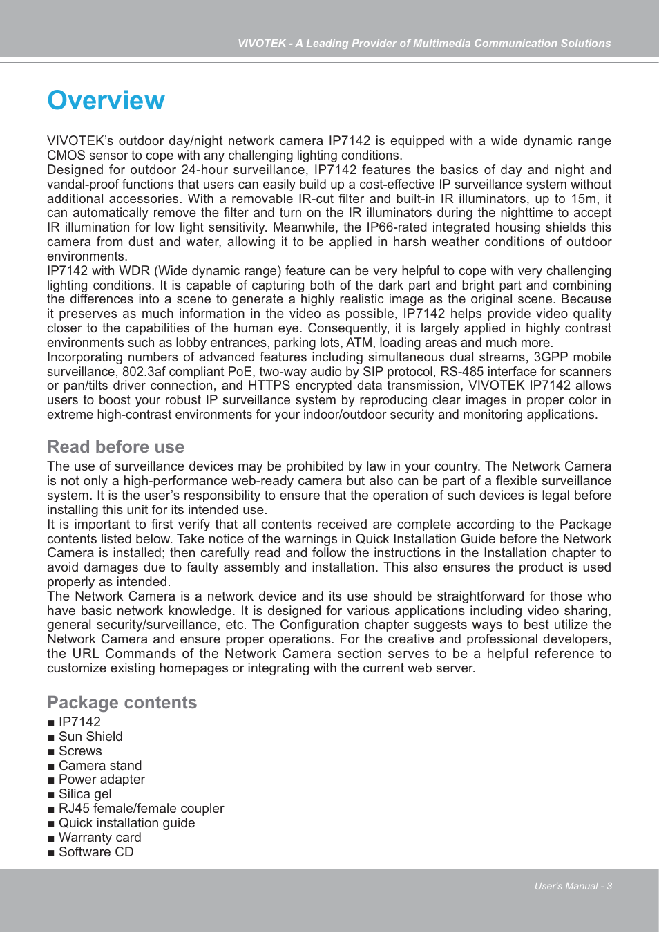 Overview, Read before use, Package contents | Vivotek IP7142 User Manual | Page 3 / 95