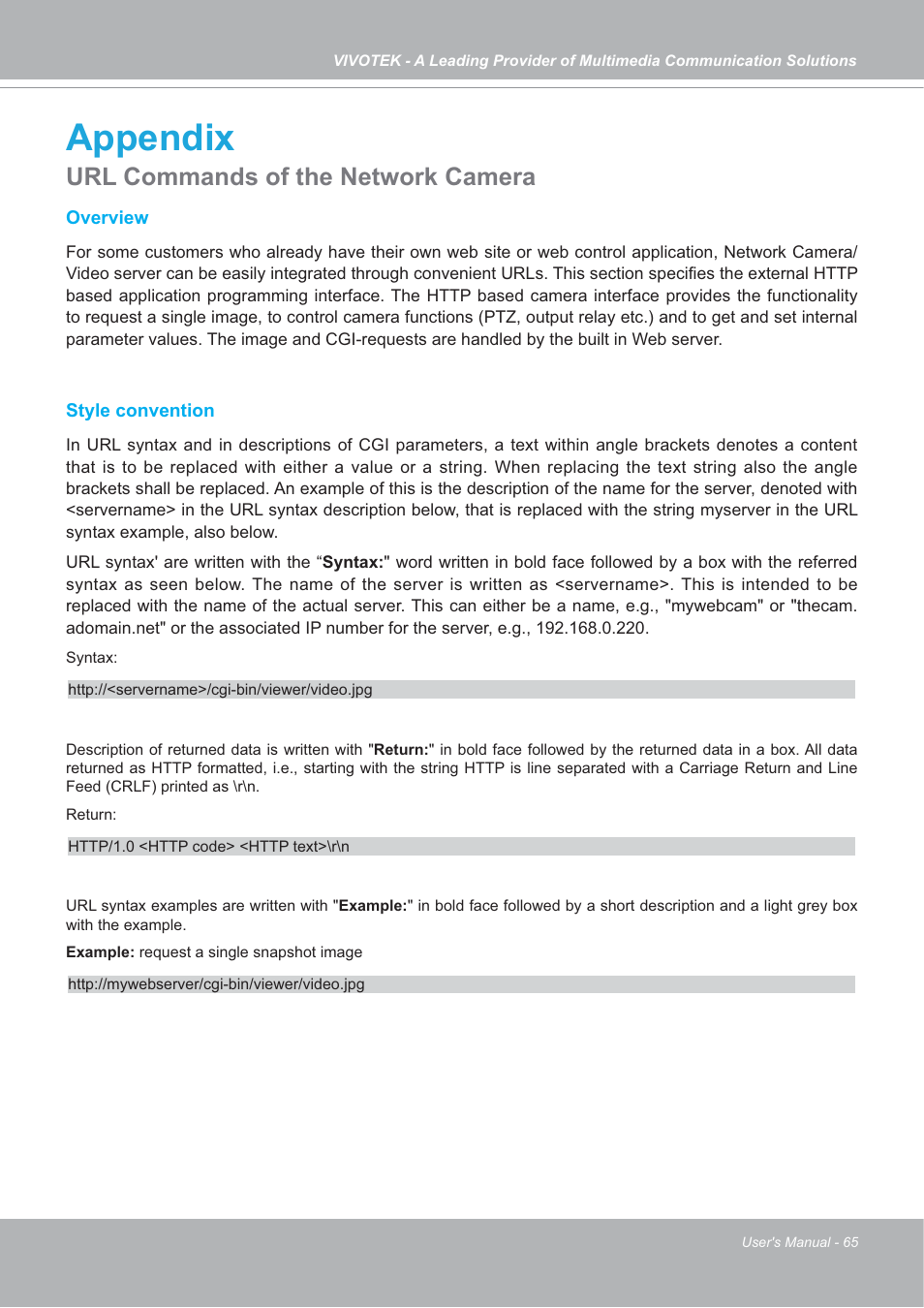 Appendix, Url commands of the network camera | Vivotek IP7142 User Manual | Page 65 / 95