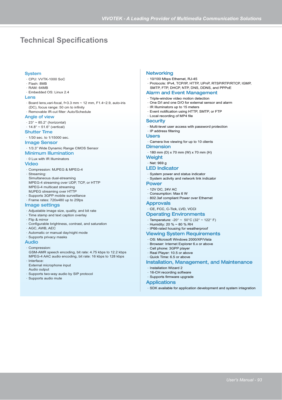 Technical speciﬁcations | Vivotek IP7142 User Manual | Page 93 / 95