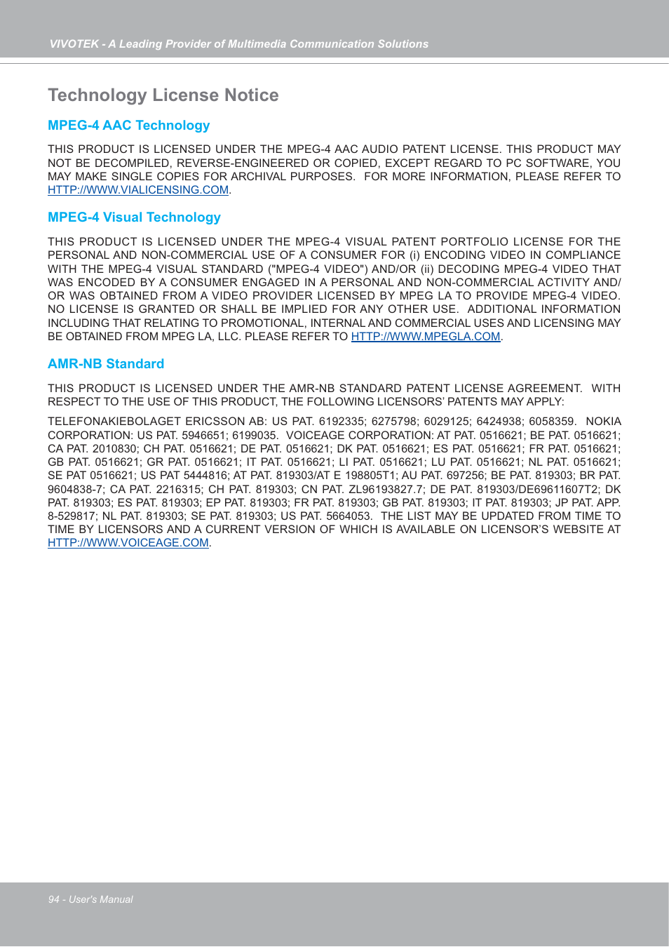 Technology license notice | Vivotek IP7142 User Manual | Page 94 / 95
