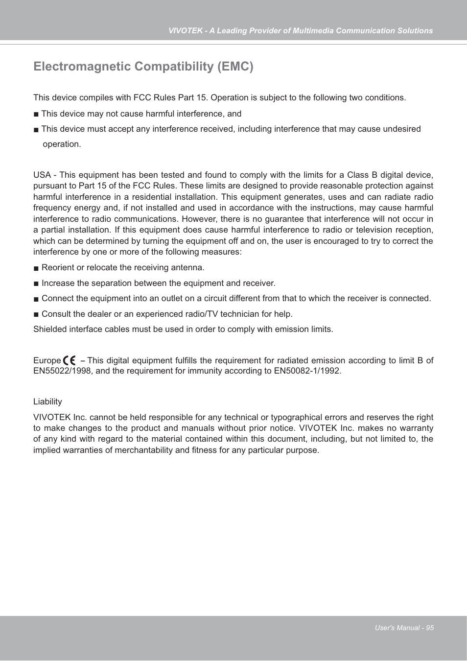 Electromagnetic compatibility (emc) | Vivotek IP7142 User Manual | Page 95 / 95