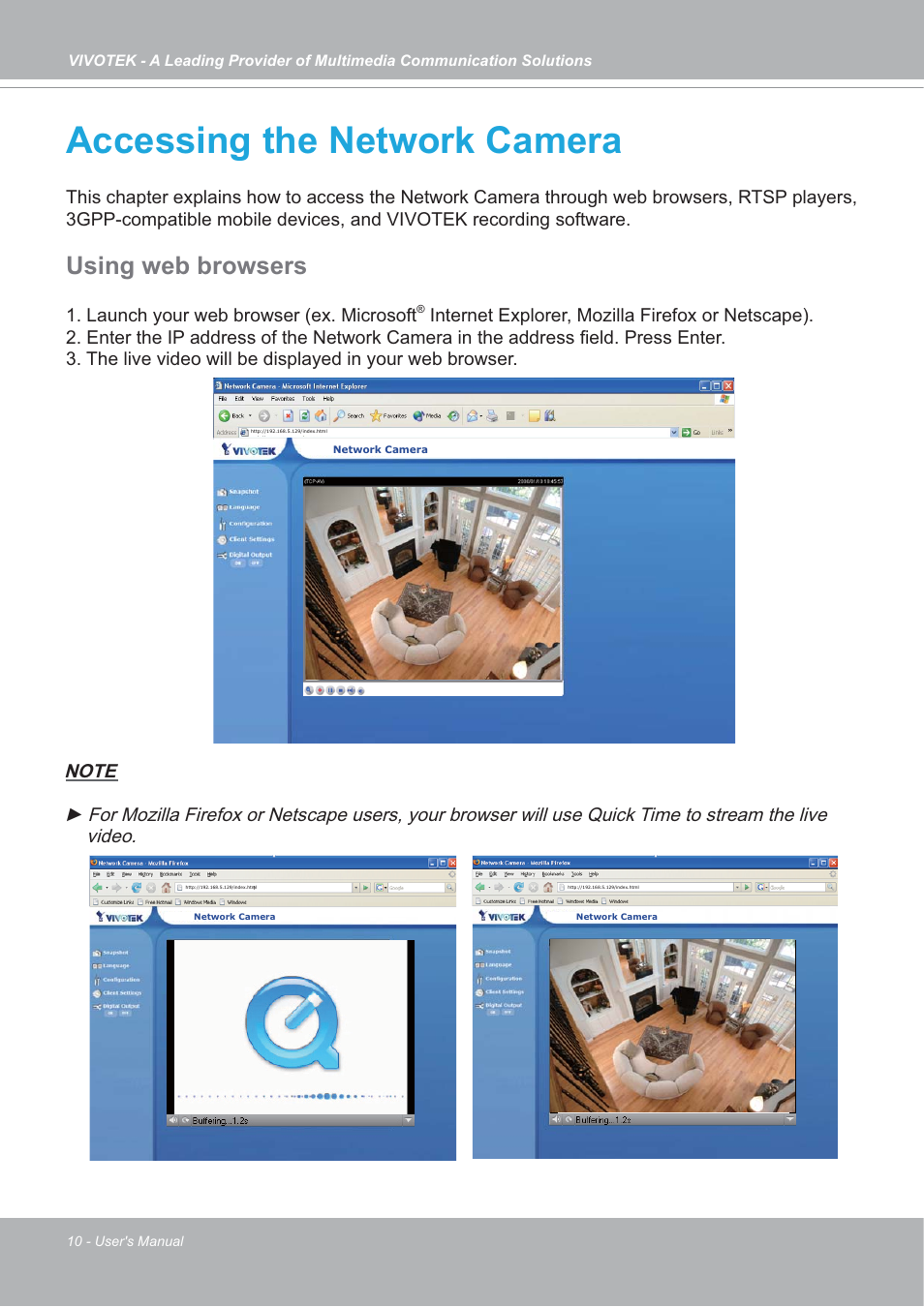 Accessing the network camera, Using web browsers, Launch your web browser (ex. microsoft | Vivotek IP7133/IP7134 User Manual | Page 10 / 87