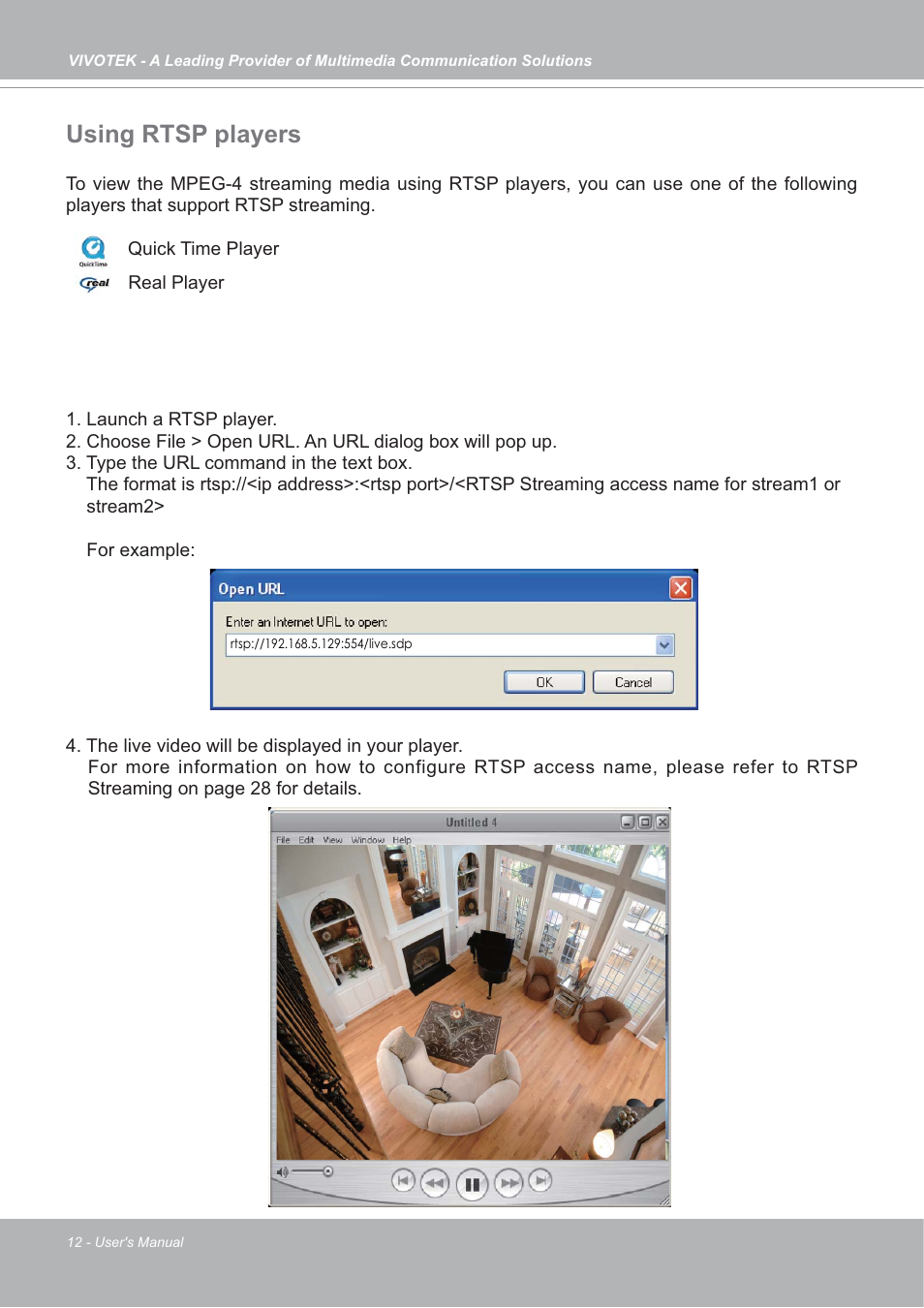 Using rtsp players | Vivotek IP7133/IP7134 User Manual | Page 12 / 87