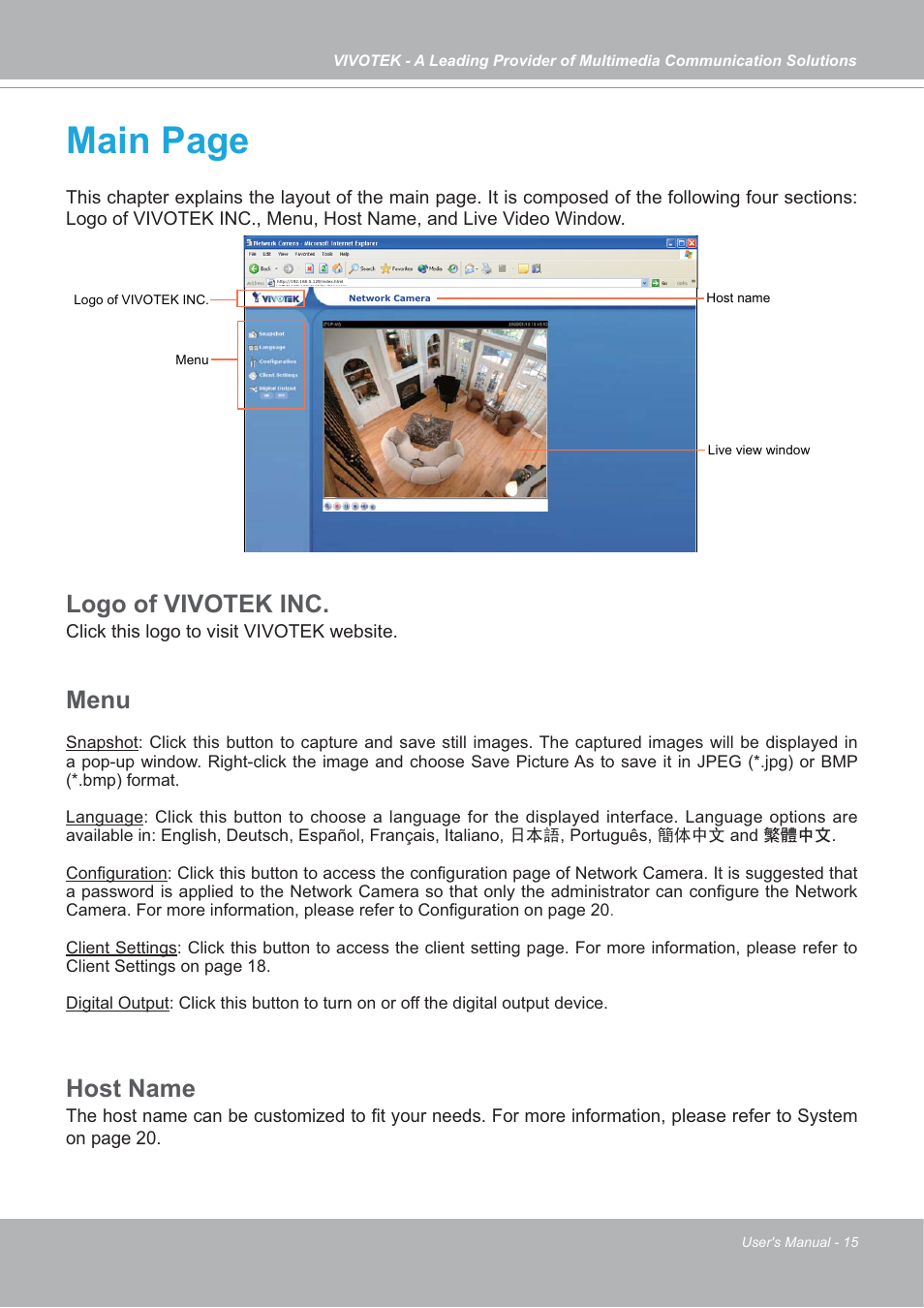 Main page, Logo of vivotek inc, Menu | Host name | Vivotek IP7133/IP7134 User Manual | Page 15 / 87