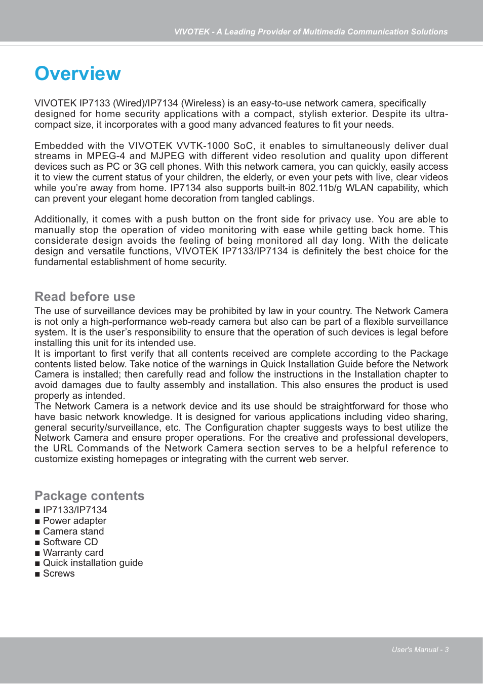 Overview, Read before use, Package contents | Vivotek IP7133/IP7134 User Manual | Page 3 / 87