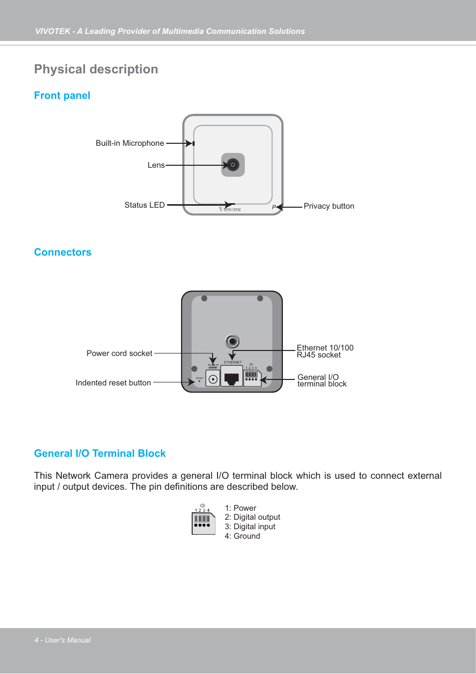 Physical description, Front panel connectors general i/o terminal block | Vivotek IP7133/IP7134 User Manual | Page 4 / 87