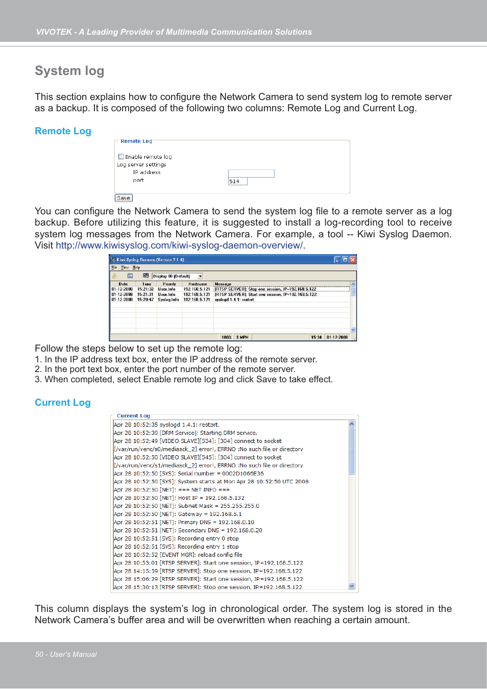 System log | Vivotek IP7133/IP7134 User Manual | Page 50 / 87