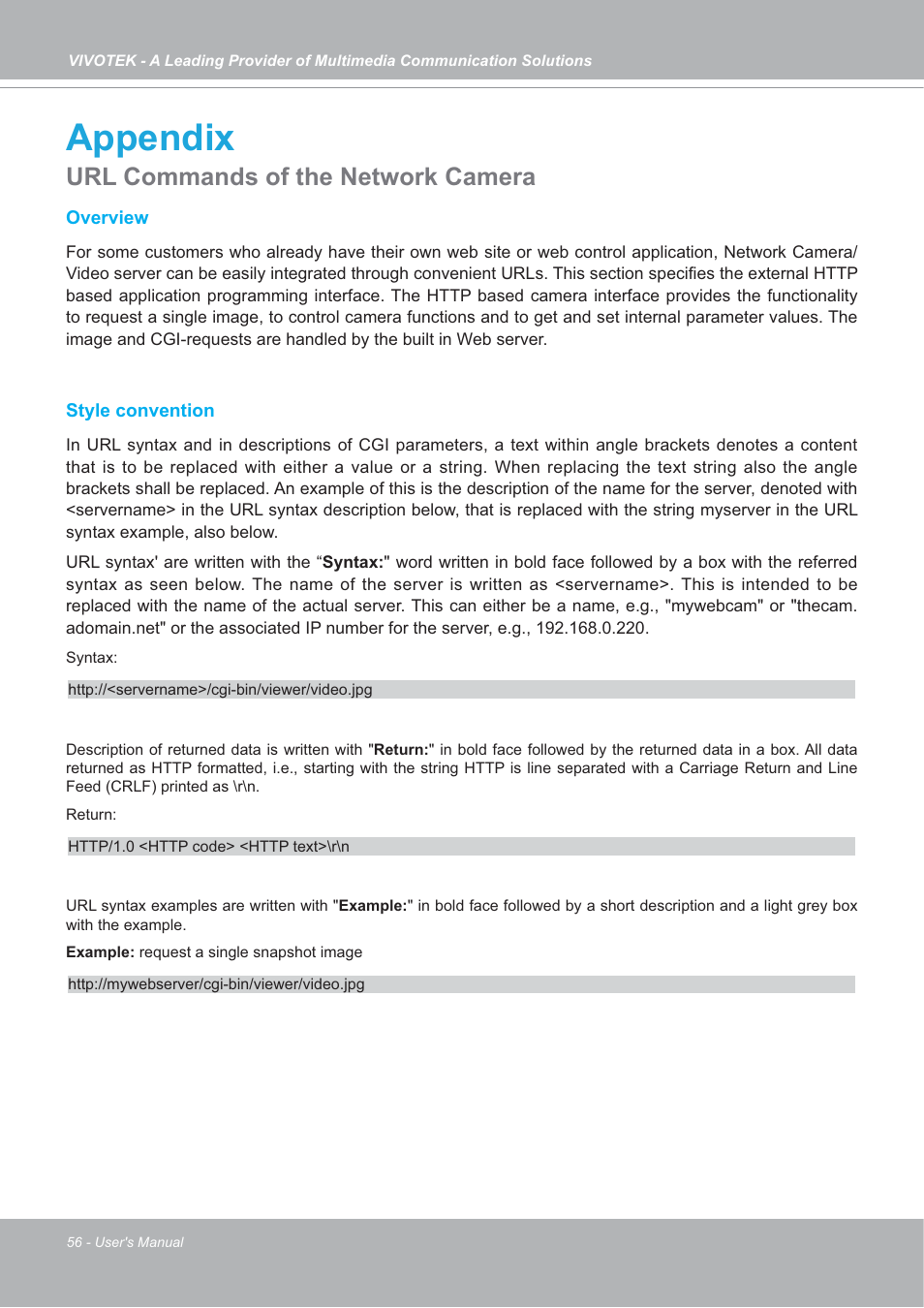 Appendix, Url commands of the network camera | Vivotek IP7133/IP7134 User Manual | Page 56 / 87