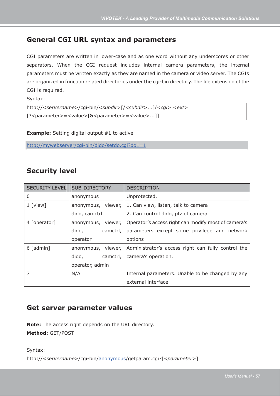 General cgi url syntax and parameters, Security level, Get server parameter values | Vivotek IP7133/IP7134 User Manual | Page 57 / 87