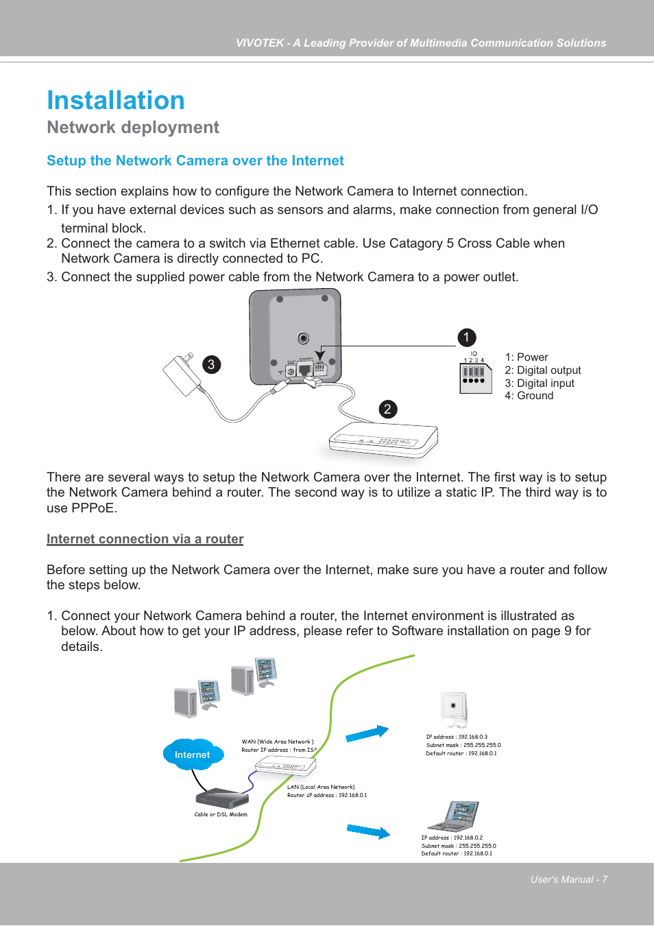 Installation, Network deployment, Setup the network camera over the internet | Vivotek IP7133/IP7134 User Manual | Page 7 / 87