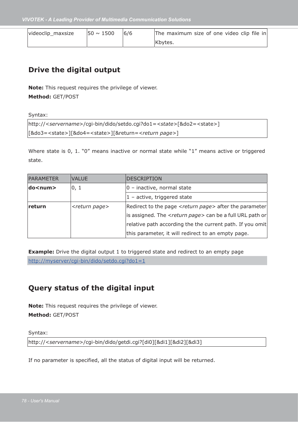 Drive the digital output, Query status of the digital input | Vivotek IP7133/IP7134 User Manual | Page 78 / 87