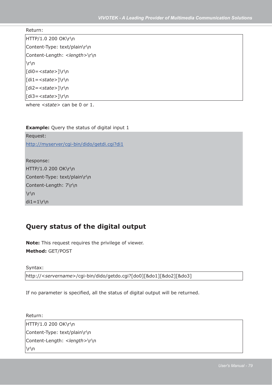 Query status of the digital output | Vivotek IP7133/IP7134 User Manual | Page 79 / 87