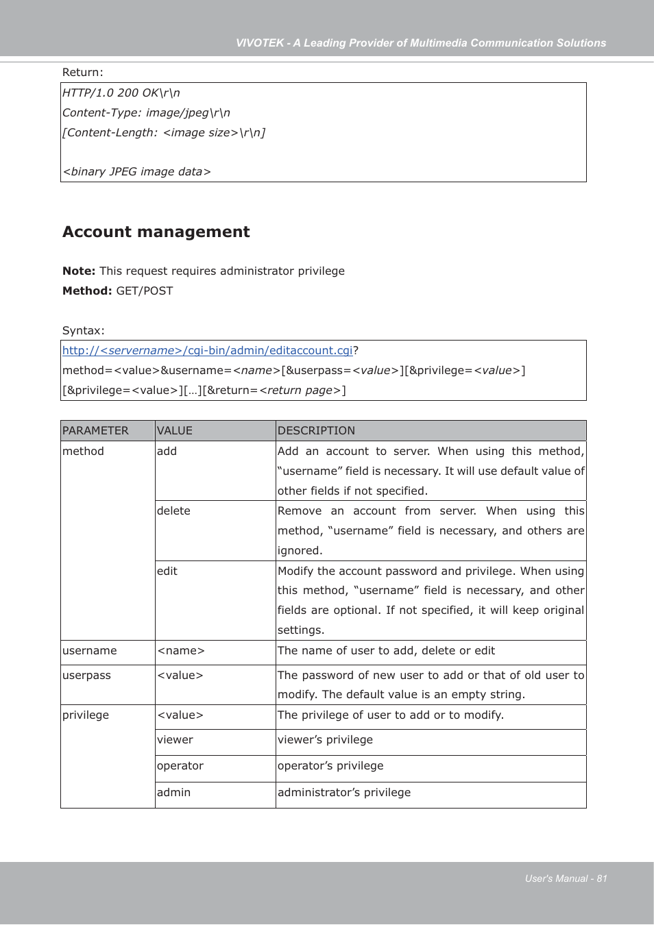 Account management | Vivotek IP7133/IP7134 User Manual | Page 81 / 87