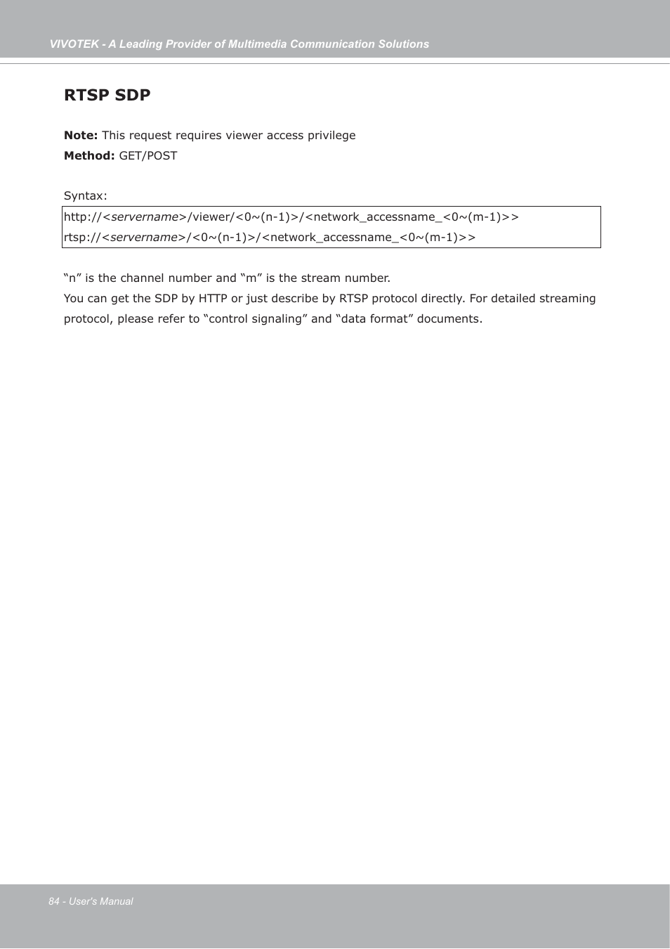 Rtsp sdp | Vivotek IP7133/IP7134 User Manual | Page 84 / 87