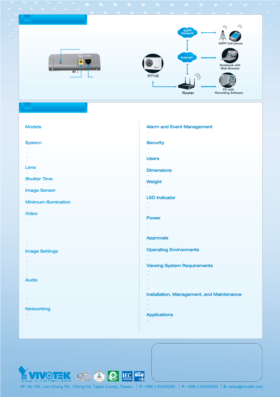 Datasheet_eng_ip7135_v 1.1_new layout(2).pdf, System overview specifications | Vivotek IP7135 User Manual | Page 2 / 2