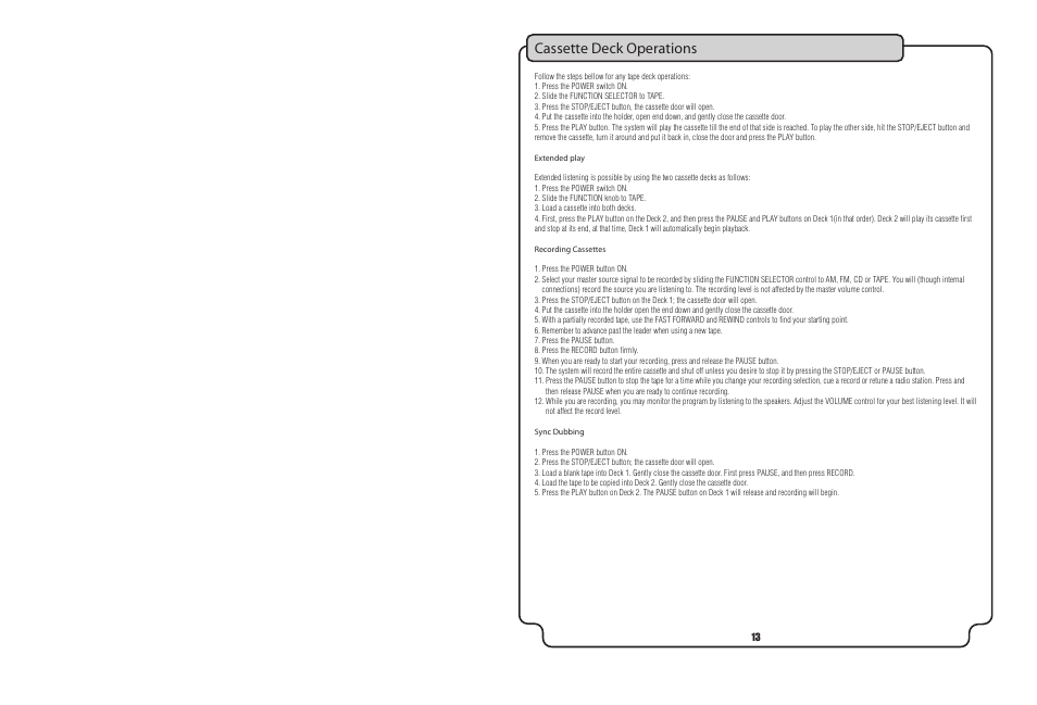 Cassette deck operations | VocoPro DVD-Duet Digital Key Control DVD/CD/CDC Dual Cassette Karaoke System User Manual | Page 13 / 22