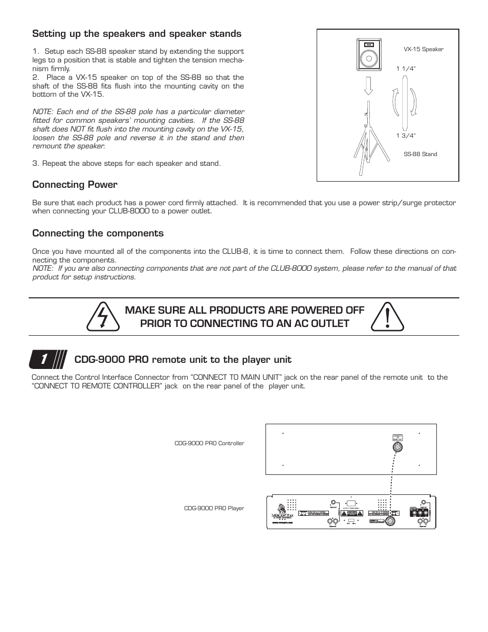 Setting up the speakers and speaker stands, Connecting power, Connecting the components | Cdg-9000 pro remote unit to the player unit | VocoPro Club-8000 User Manual | Page 2 / 4