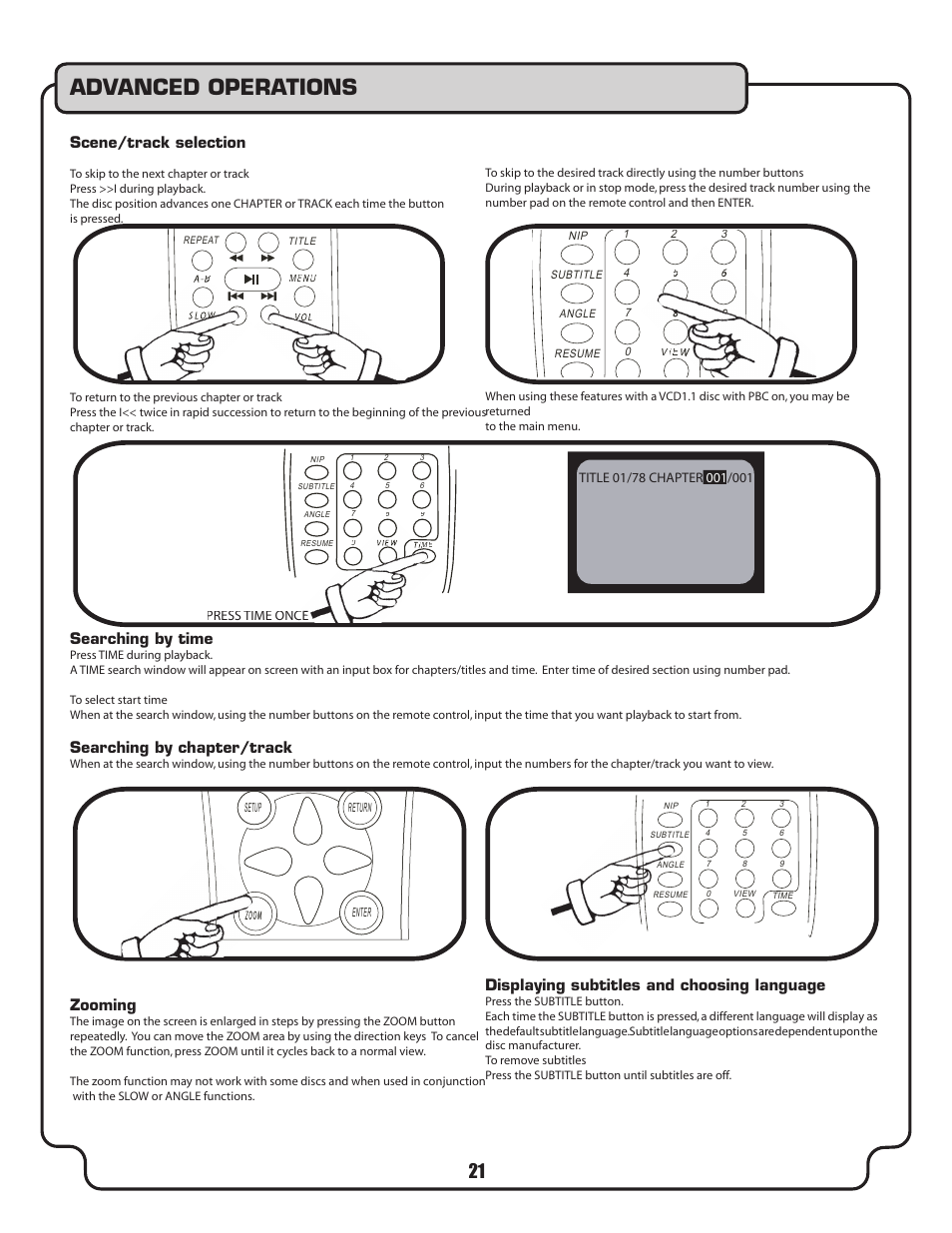 Advanced operations, Numeric keypad track selection, Scene/track selection | Searching by time, Searching by chapter/track, Zooming, Displaying subtitles and choosing language | VocoPro DVX-580G User Manual | Page 21 / 27