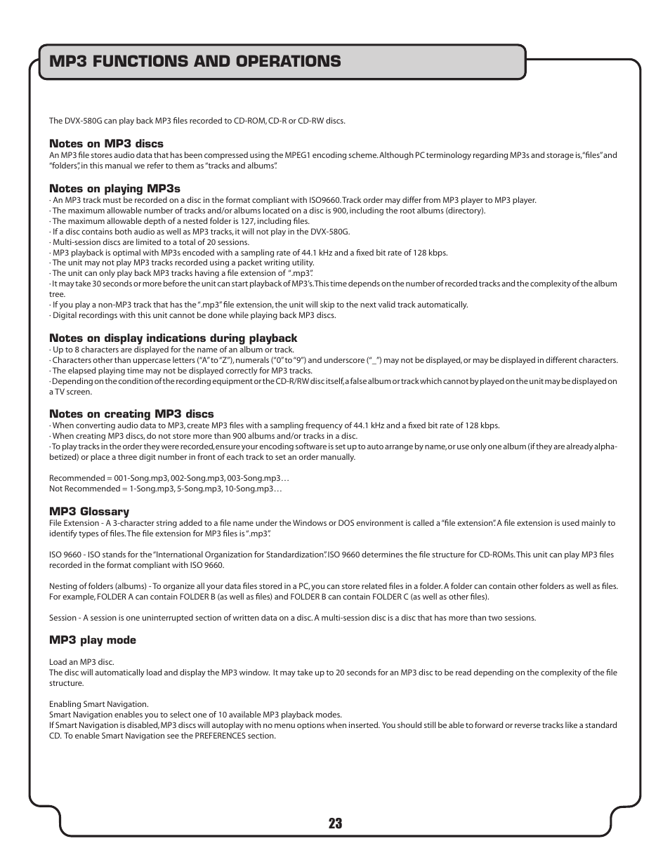 Mp3 functions and operations | VocoPro DVX-580G User Manual | Page 23 / 27