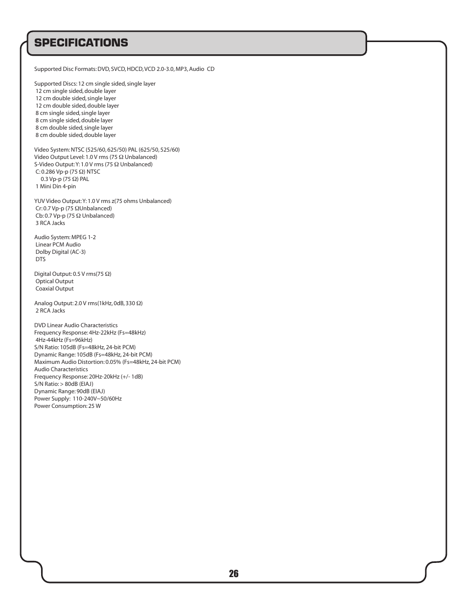 Specifications | VocoPro DVX-580G User Manual | Page 26 / 27