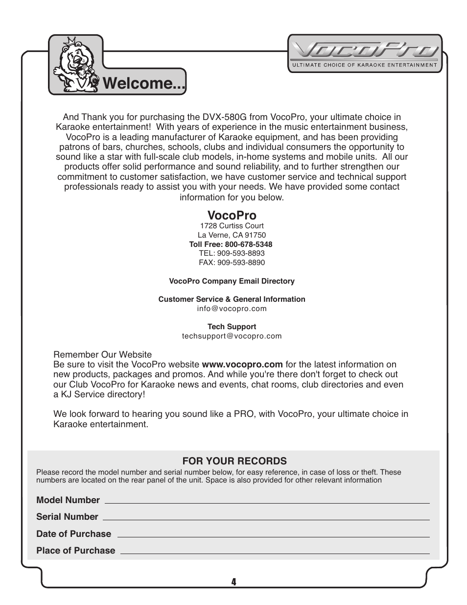 Welcome, Vocopro | VocoPro DVX-580G User Manual | Page 4 / 27