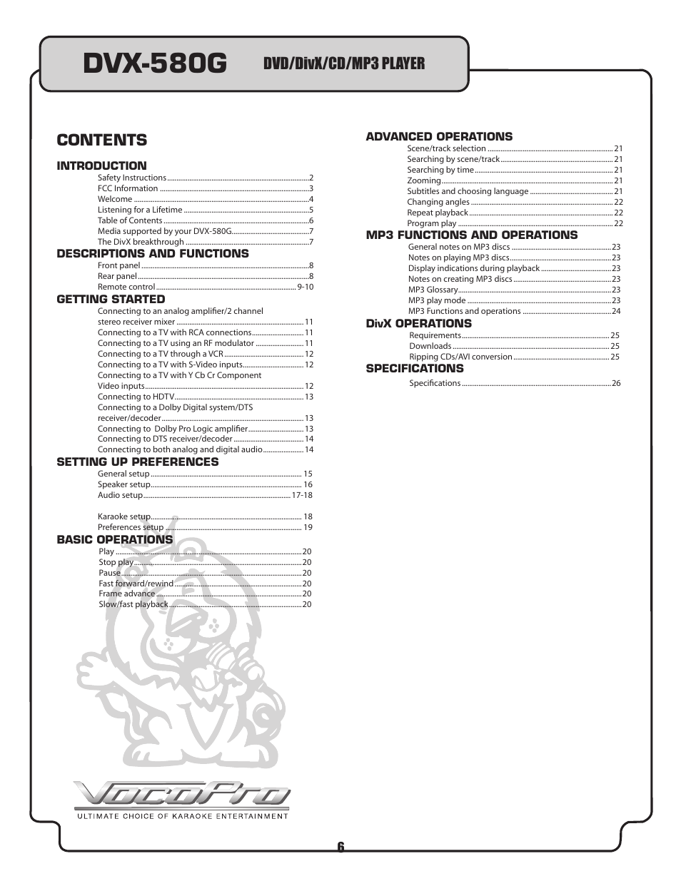 Dvx-580g, Dvd/divx/cd/mp3 player contents | VocoPro DVX-580G User Manual | Page 6 / 27