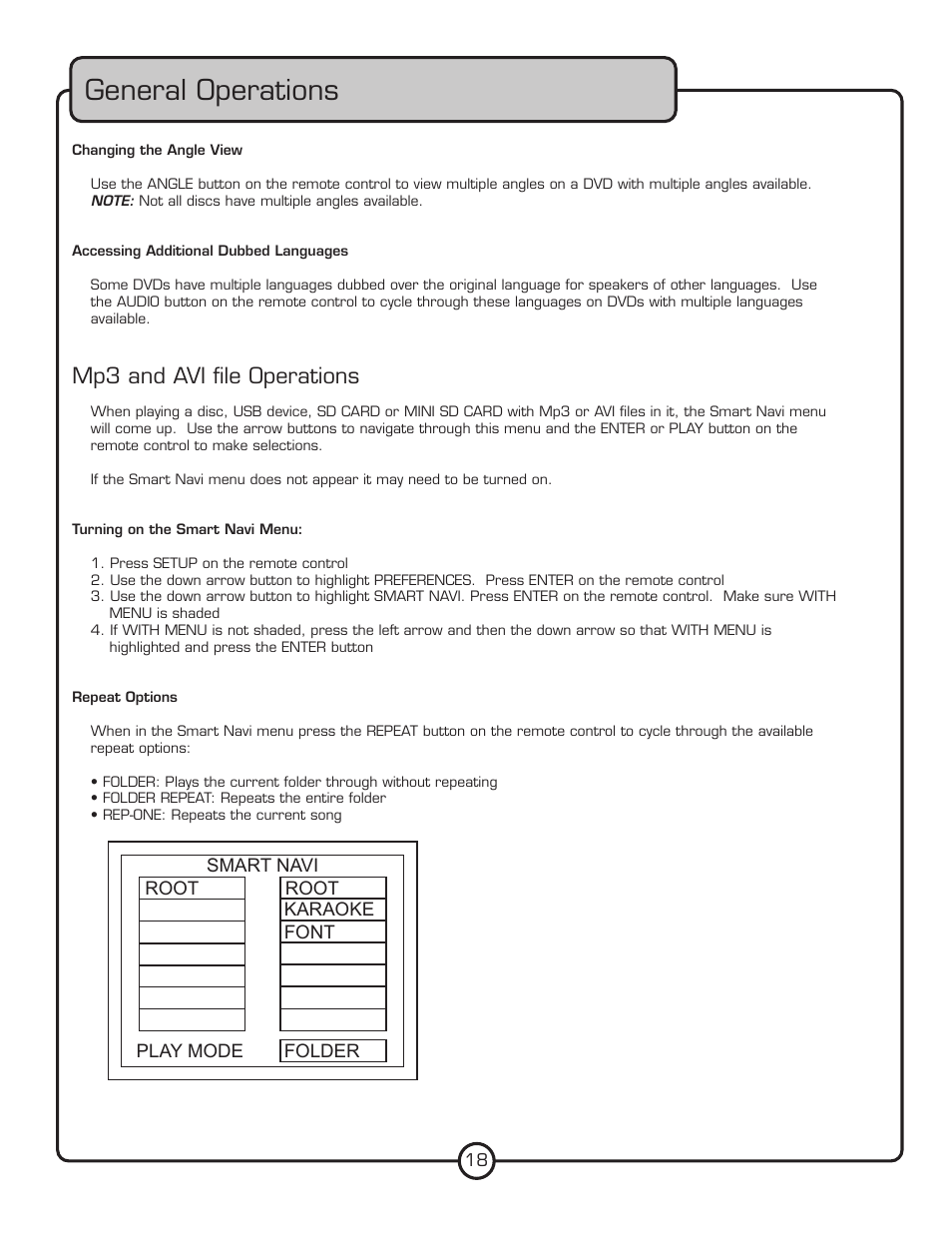 General operations, Mp3 and avi ﬁle operations | VocoPro DVG-777K User Manual | Page 18 / 28