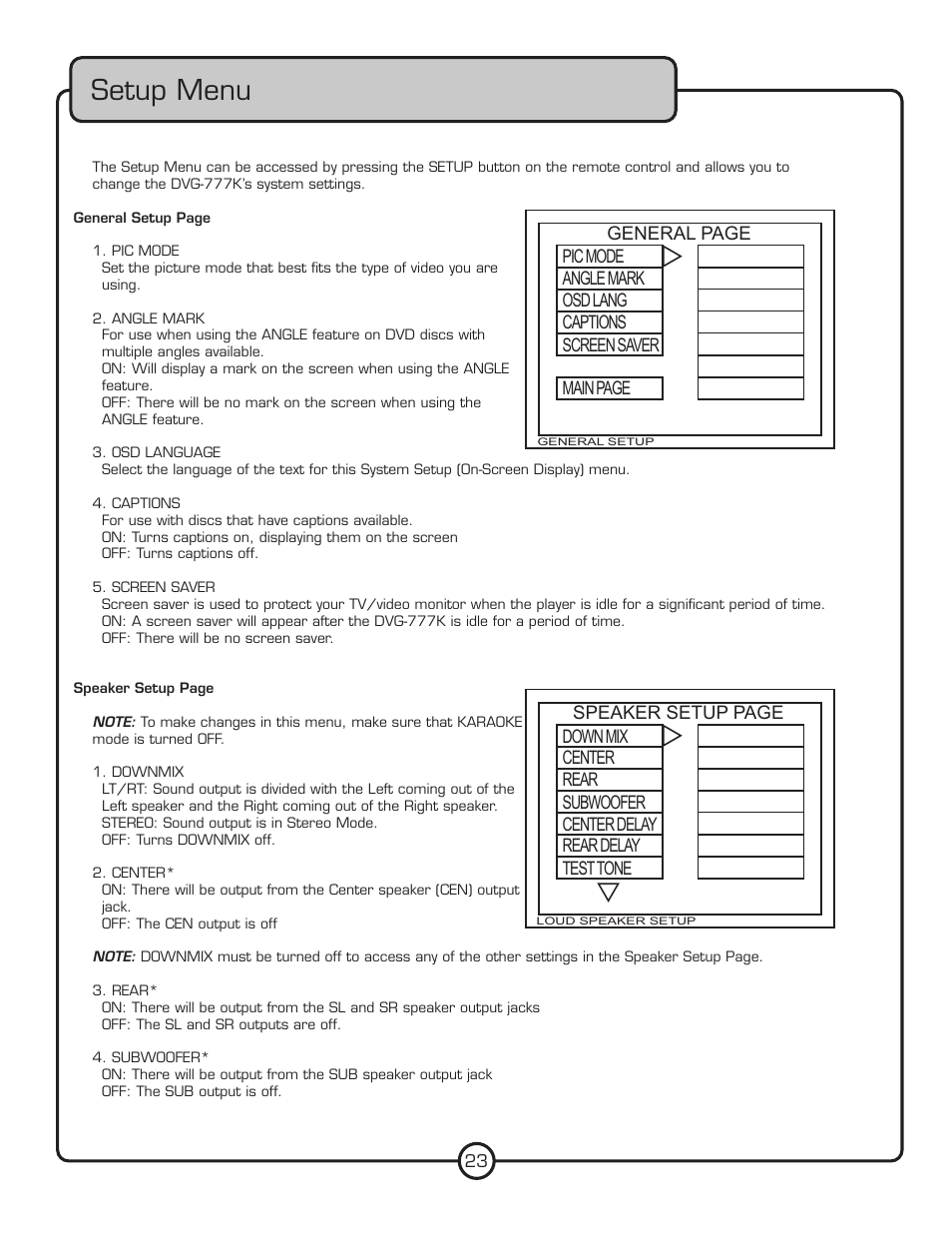 Setup menu | VocoPro DVG-777K User Manual | Page 23 / 28
