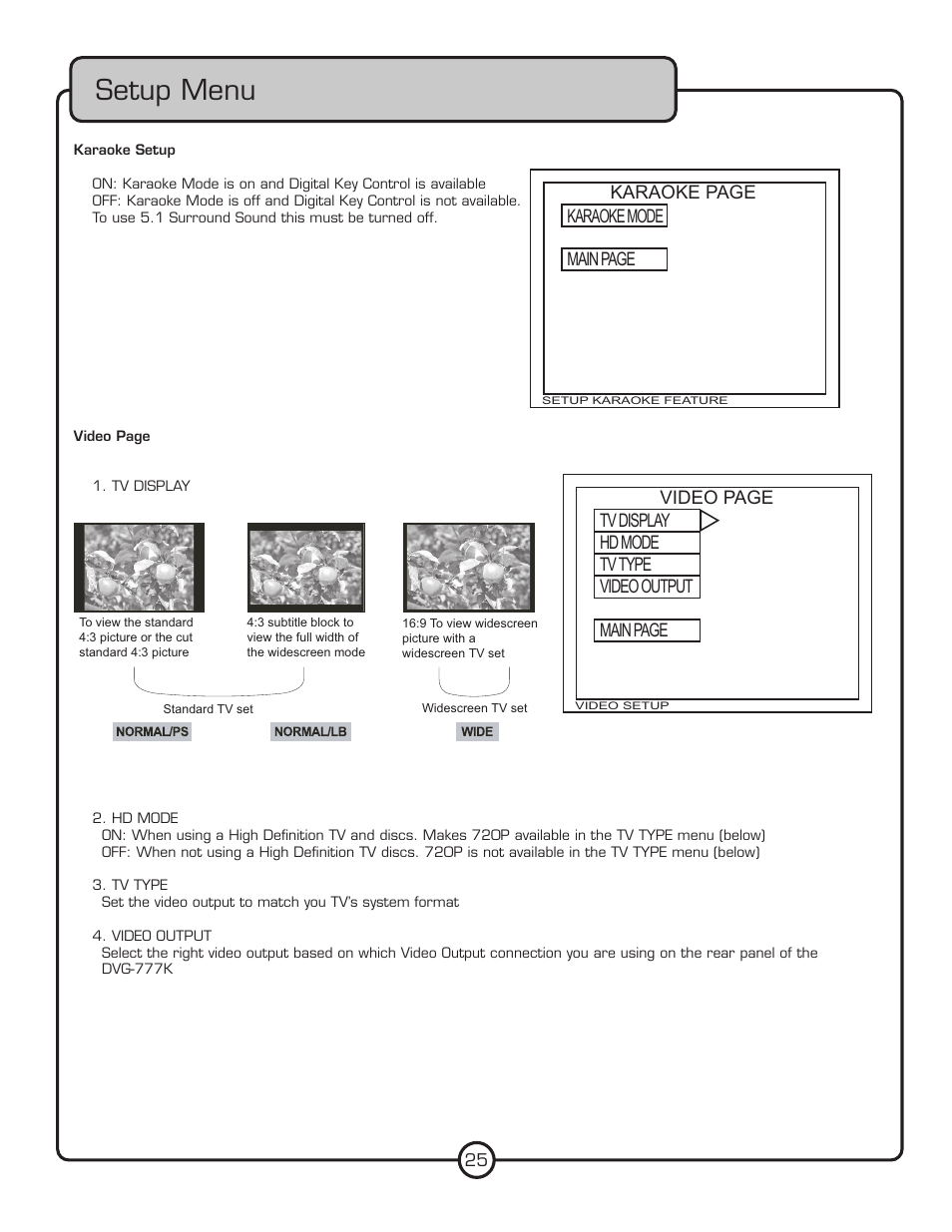 Setup menu | VocoPro DVG-777K User Manual | Page 25 / 28