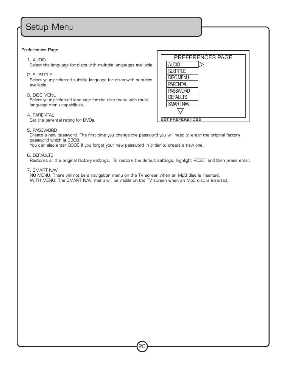 Setup menu | VocoPro DVG-777K User Manual | Page 26 / 28