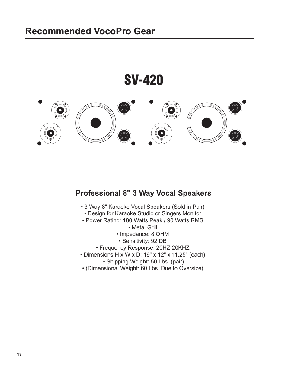 Pg 17 gear.pdf, Sv-420, Recommended vocopro gear | VocoPro DA-X888RV24 User Manual | Page 19 / 19