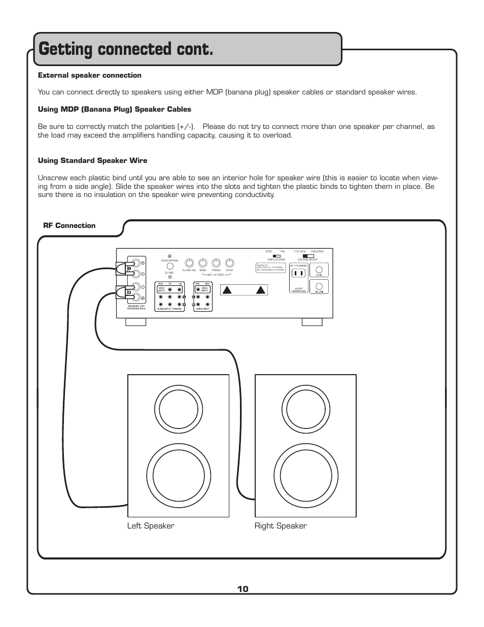 Getting connected cont, Left speaker right speaker, Rf connection | VocoPro CDG-X3P II User Manual | Page 11 / 24